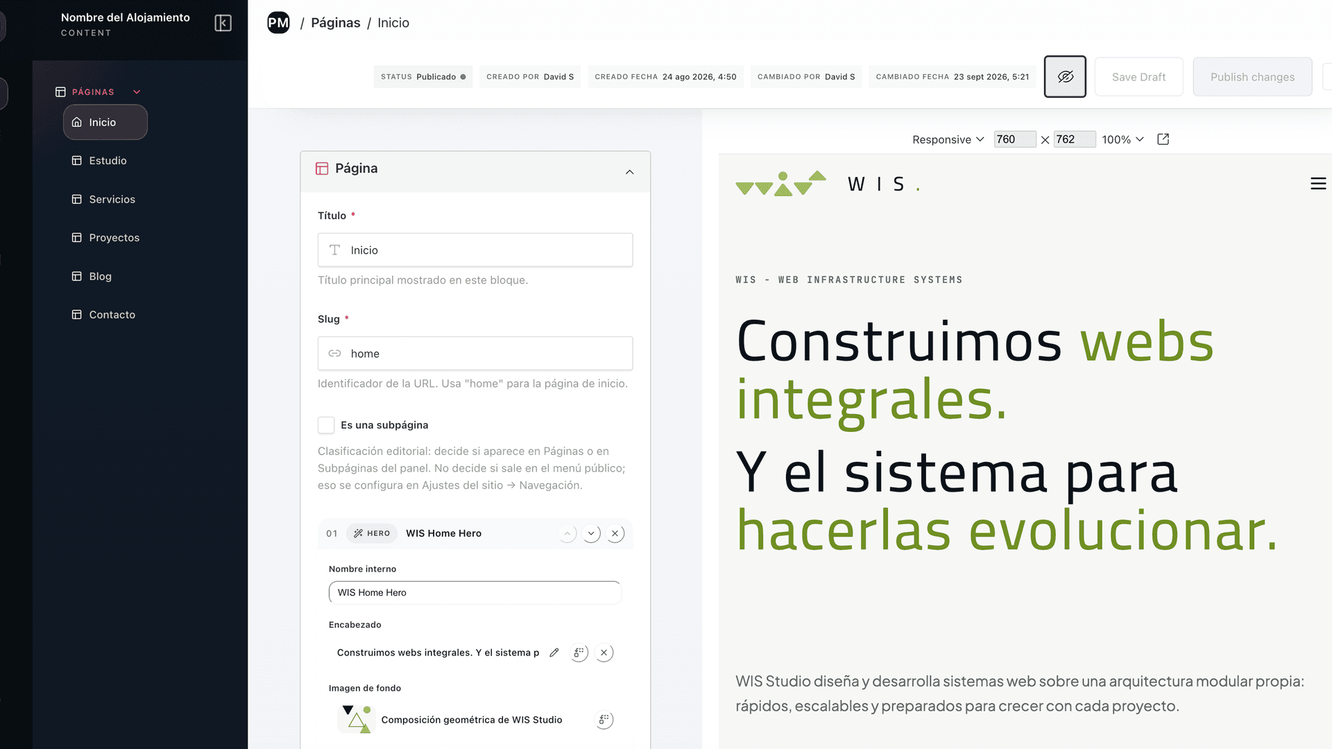 WIS CMS: Preview en la pagina de inicio